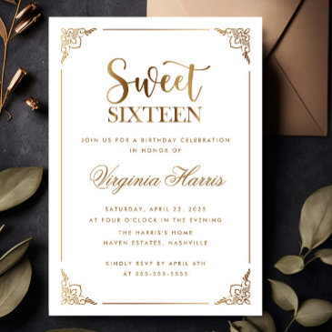gold frame ornate white sweet sixteen 16 birthday invitation