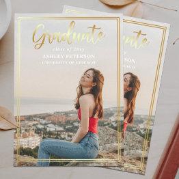 Small Gold Frame Script Modern Full Photo Graduation Invitation Front View