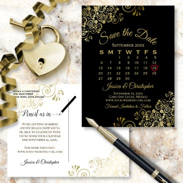 gold frills black wedding save the date calendar announcement postinvitations