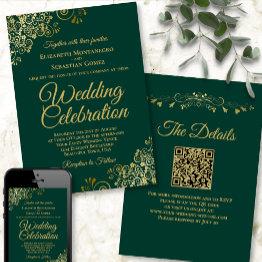 Small Gold Frills Emerald Green Elegant Qr Code Wedding Invitation Front View