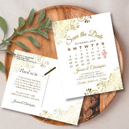 Small Gold Frills White Wedding Save The Date Calendar Announcement Postinvitations Front View