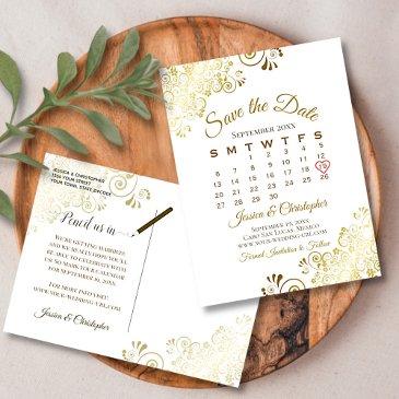gold frills white wedding save the date calendar announcement postinvitations