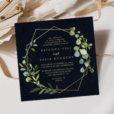 gold geometric blue green diamond wedding invitation