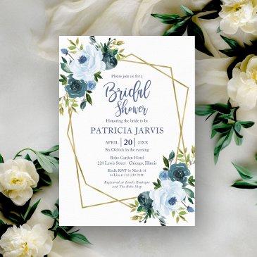 gold geometric dusty blue floral bridal shower invitation