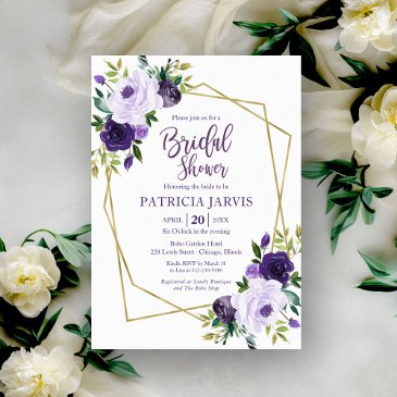 gold geometric purple floral bridal shower invitation