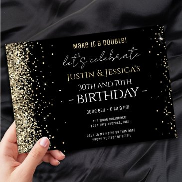 gold glitter black double birthday party invitation