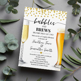 Small Gold Glitter Bubbles And Brews Wedding Shower Invitation Front View