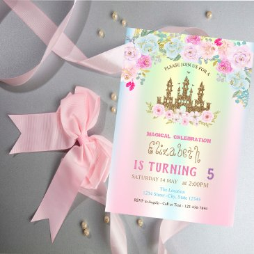 gold glitter castle fioral iridescent birthday invitation