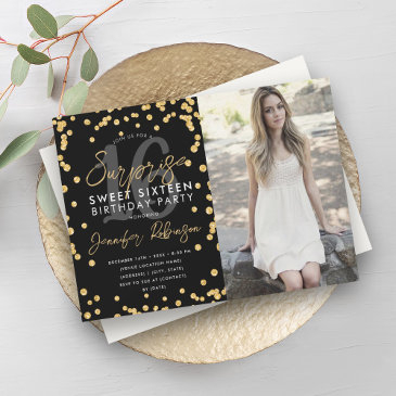 gold glitter confetti photo surprise sweet 16 invitation