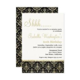 Small Gold Glitter Damask 80th Surprise Birthday Party Invitation Front View