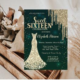 Small Gold Glitter Drips,diamonds Dress Green Sweet 16 Invitation Front View