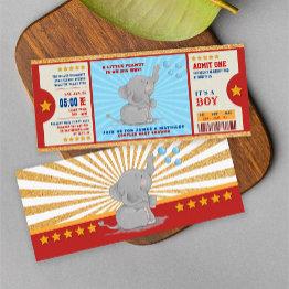 Small Gold Glitter Elephant Ticket Couples Baby Shower Invitation Front View