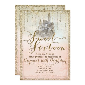 gold glitter fairytale storybook castle sweet 16 invitation