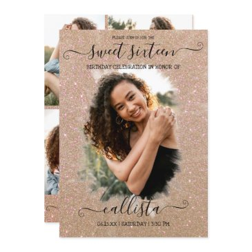 gold glitter halo photo collage sweet 16 invitation