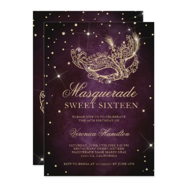 gold glitter masquerade mask plum sweet 16 invitation