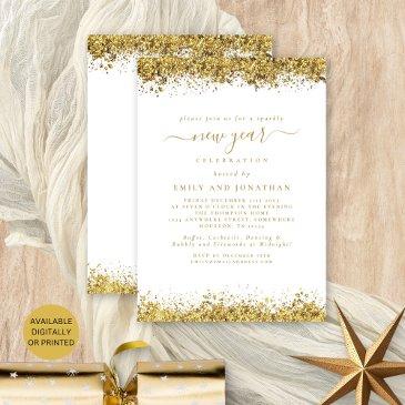gold glitter script white new years eve party invitation