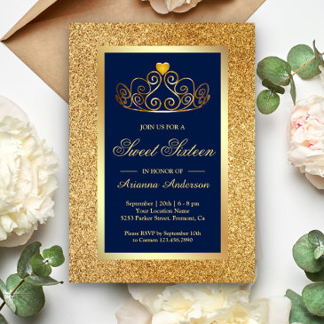 gold glitter tiara princess blue sweet sixteen invitation