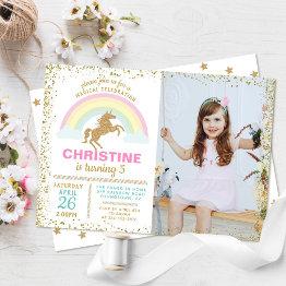 Small Gold Glitter Unicorn Rainbow Birthday Photo Invitation Front View