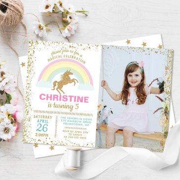 gold glitter unicorn rainbow birthday photo invitation