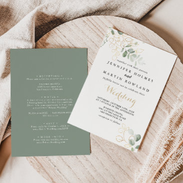 gold green foliage front & back wedding invitation