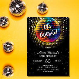 Small Gold Halftone Disco Ball Let's Celebrate Birthday Invitation Front View