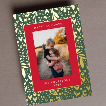 gold leaf pressed | green red floral frame | photo foil holiday invitations
