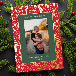 Small Gold Leaf Pressed | Red Green Floral Frame | Photo Foil Holiday Invitations Front View