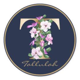 Small Gold Letter T Elegant Floral Monogram Classic Round Sticker Front View