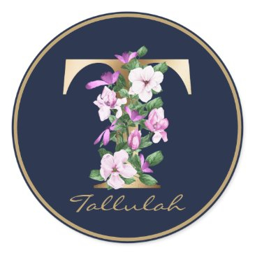 gold letter t elegant floral monogram classic round sticker