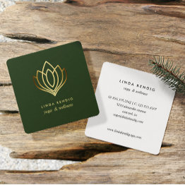 Small Gold Lotus | Green | Wellness Spa Massage Yoga Square Business Invitations Front View