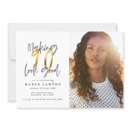 Small Gold Making 90 Look Good Photo Birthday Invitation Front View