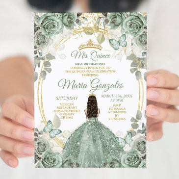 gold mis quince dusty green floral quinceañera invitation