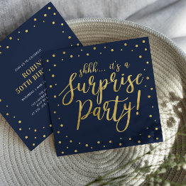 Small Gold & Navy | 50th Surprise Birthday Party Invitation Front View