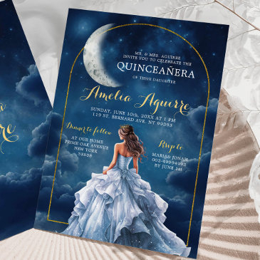 gold navy blue a night under the stars quinceañera invitation