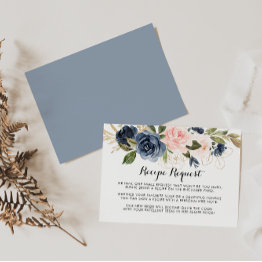 Small Gold Navy Blue Pink Floral Wedding Recipe Request Enclosure Invitations Front View