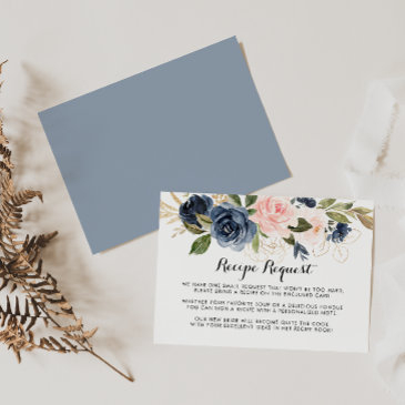 gold navy blue pink floral wedding recipe request enclosure invitations