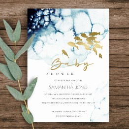 Small Gold Navy Underwater Sea Fish Baby Shower Invite Front View