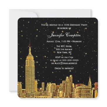 gold nyc skyline etched starry sky sq sweet 16 invitation