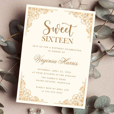 gold ornate border cream sweet sixteen 16 birthday invitation