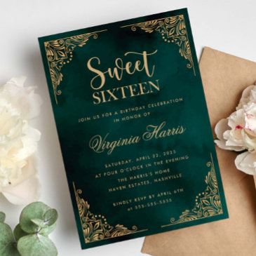 gold ornate border green sweet sixteen 16 birthday invitation