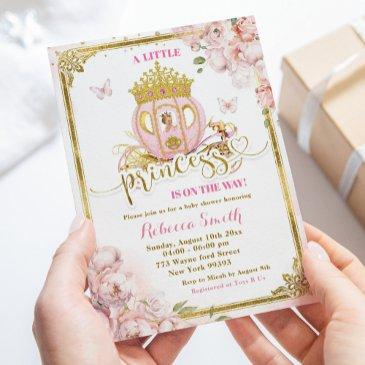 gold pink blonde princess carriage baby shower invitation