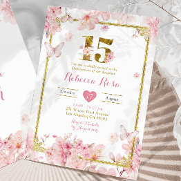 Small Gold Pink Cherry Blossom Floral Girl Royal 15 Años Invitation Front View