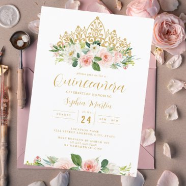 gold pink floral tiara quinceanera invitation