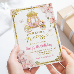 Small Gold Pink Fourever A Princess Carriage Birthday Invitation Front View