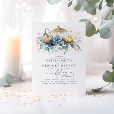 gold pumpkins and succulents greenery fall wedding invitation