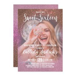 Small Gold Rose Pink Triple Glitter Ombre Photo Sweet 16 Invitation Front View