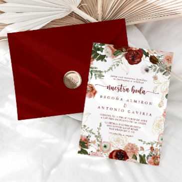 gold rustic colorful floral nuestra boda wedding invitation