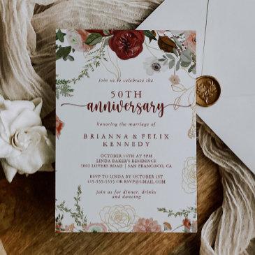 gold rustic floral 50th wedding anniversary invitation