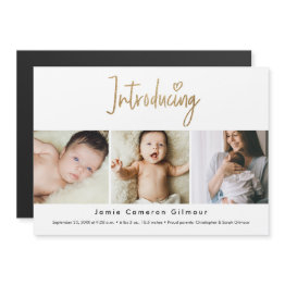 Small Gold Script Introducing Custom 3 Photo Baby Magnetic Invitation Front View