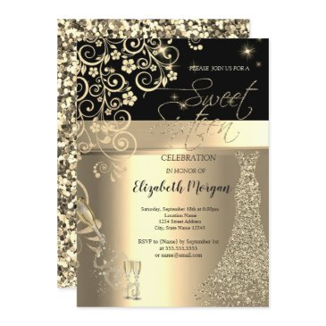 gold sequins dress glass floral sweet 16 birthday invitation